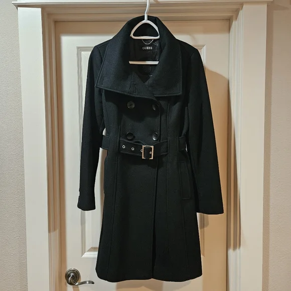 Guess Double Breast Wool Blend Coat Heavyweight Funnel Neck Belt Siz 6 Black EUC - Picture 5 of 15